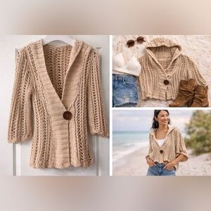 Free People Nigel Preston Cropped Hoodie XS Boho Chunky Knit Open Weave Oversize